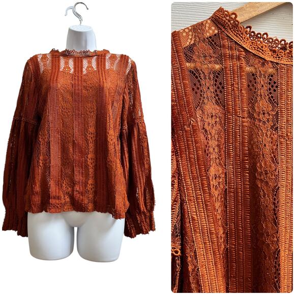Temt Lantern Sleeves Overlay Lace Lined  Romantic Blouse Size Medium - Picture 2 of 15